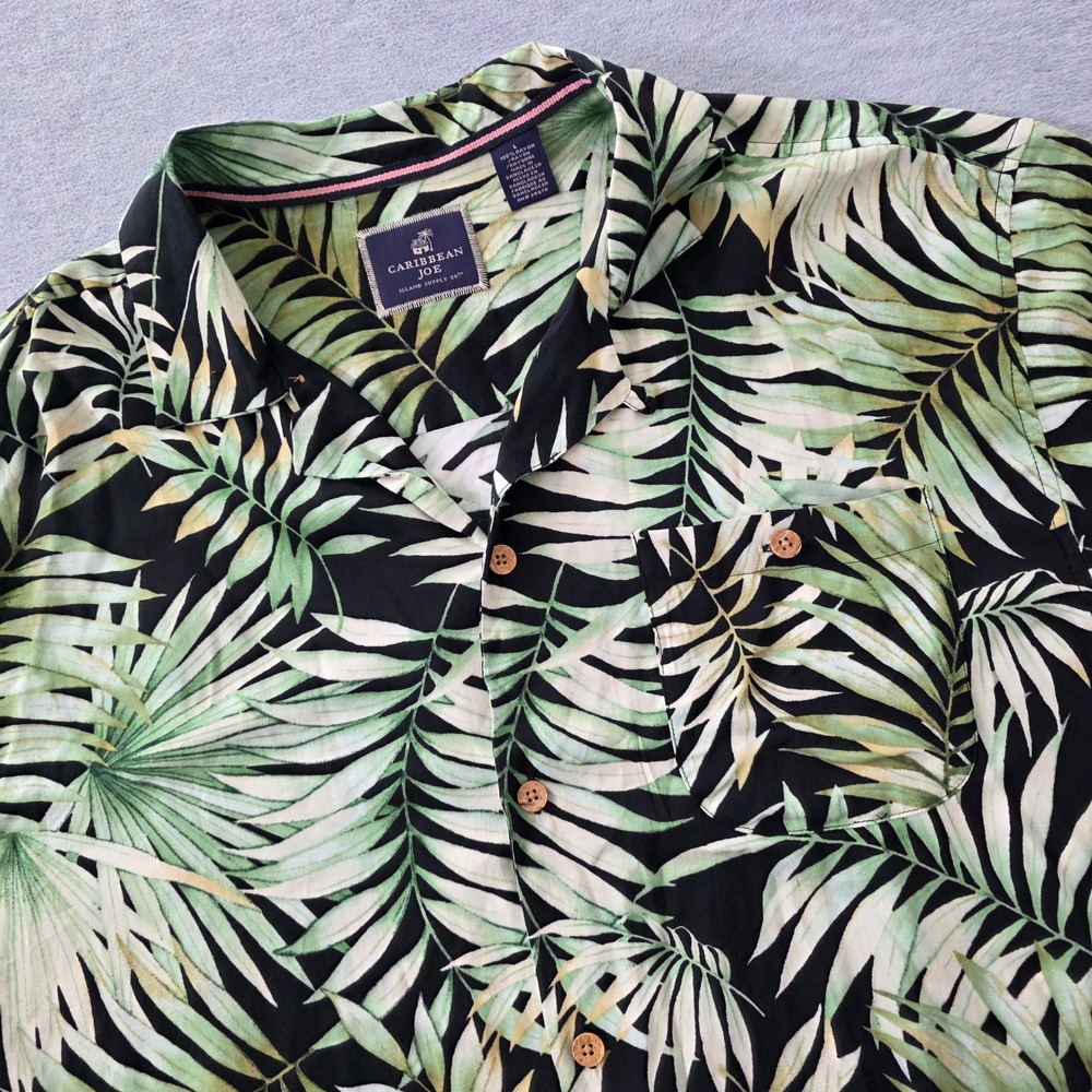 Caribbean Joe Men Large Black Green Tropical Palm Leaf Rayon Hawaiian Camp Shirt